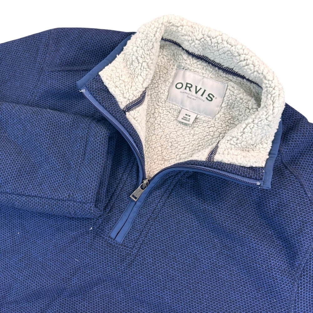Orvis Mens M Blue Ribbed Knit Sherpa Lined Quarter Zip Pullover Sweater Classic